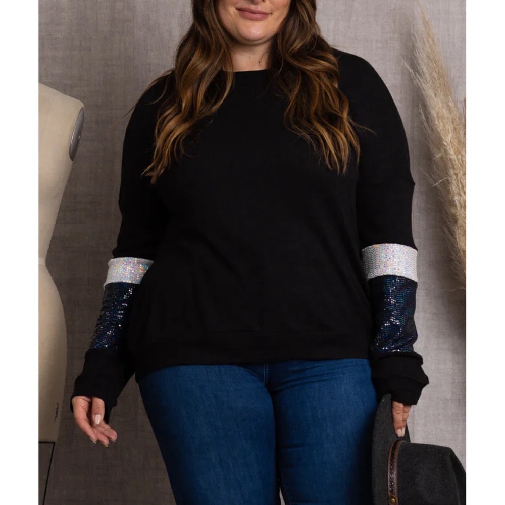 Vilu Style Boutique Black Ribbed long sleeve top with sequin sleeves